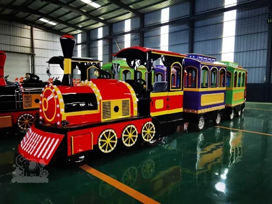 The front of the train features a striking red and gold color scheme, while the carriages use a series of highly saturated rainbow colors, including red, purple, and green, accented with gold trim and white rivets.